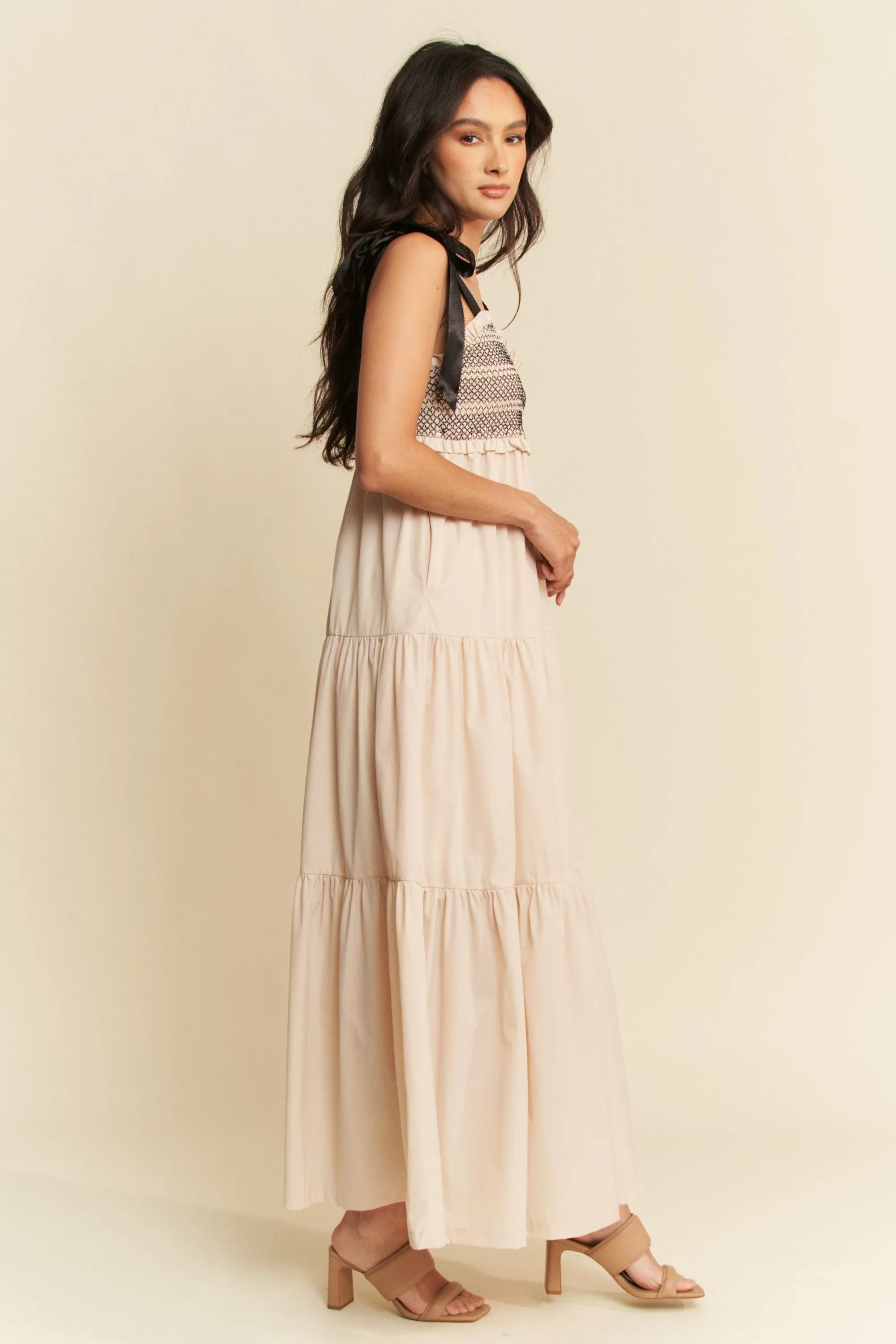 Davi & Dani Multi Contrast Smocked Bodice Straps Maxi Dress