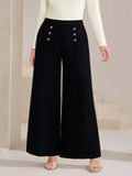 Plus Size High Waist Wide Leg Button Decor Pants