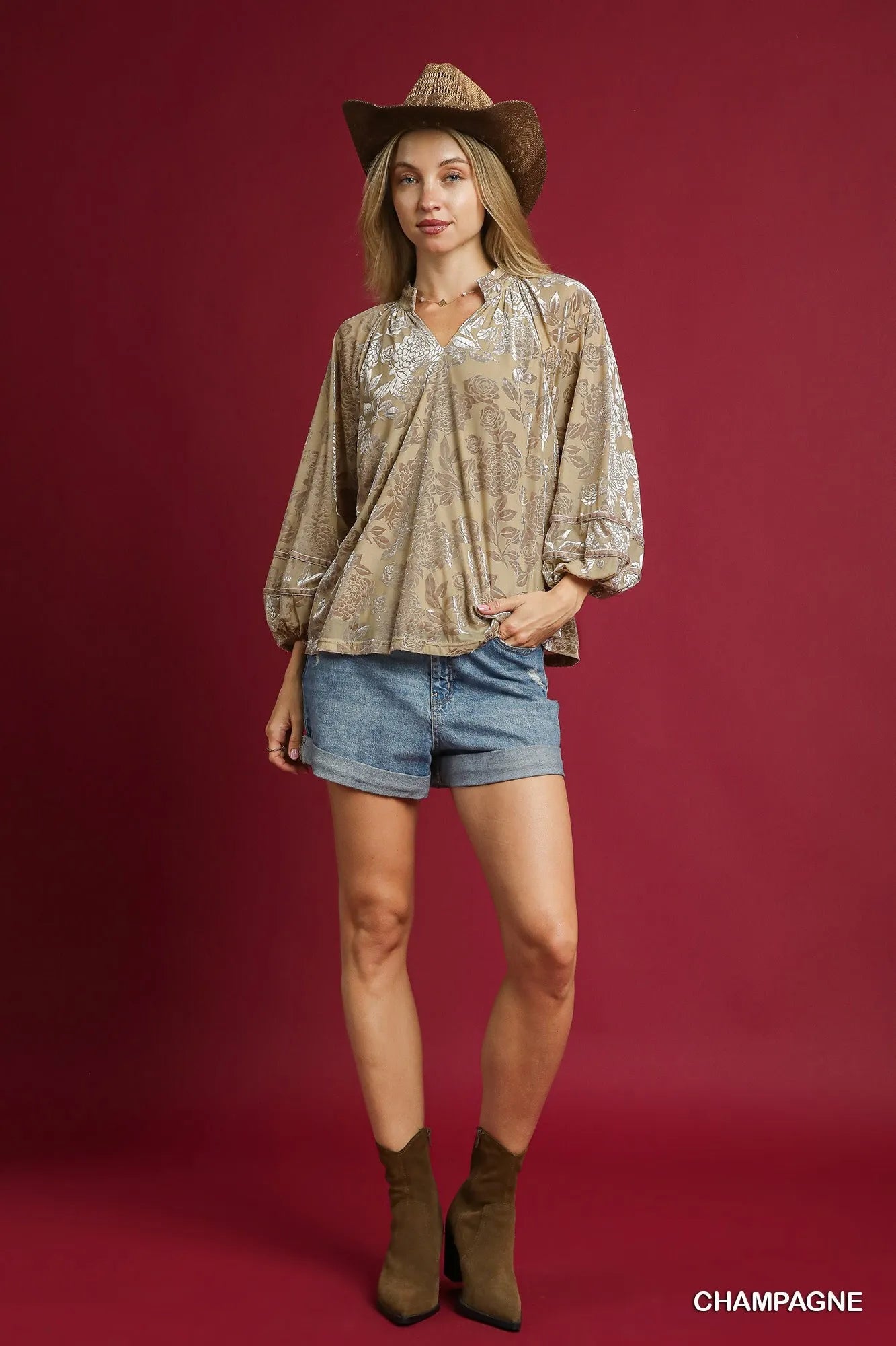 Umgee Floral Velvet Blouse with Balloon Sleeves