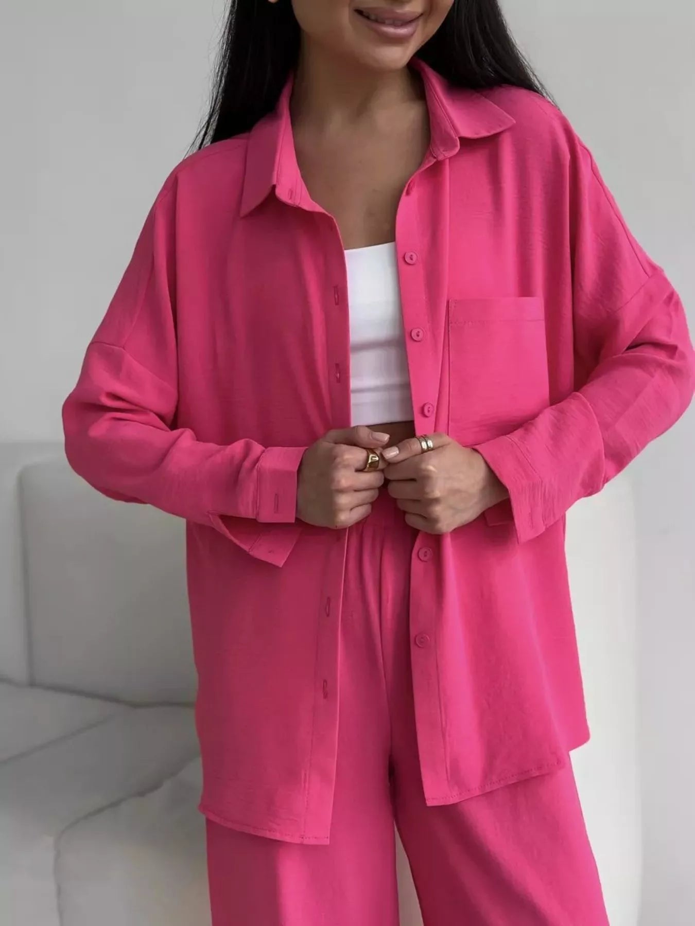 Relaxed Fit Shirt and Wide Leg Pants Set