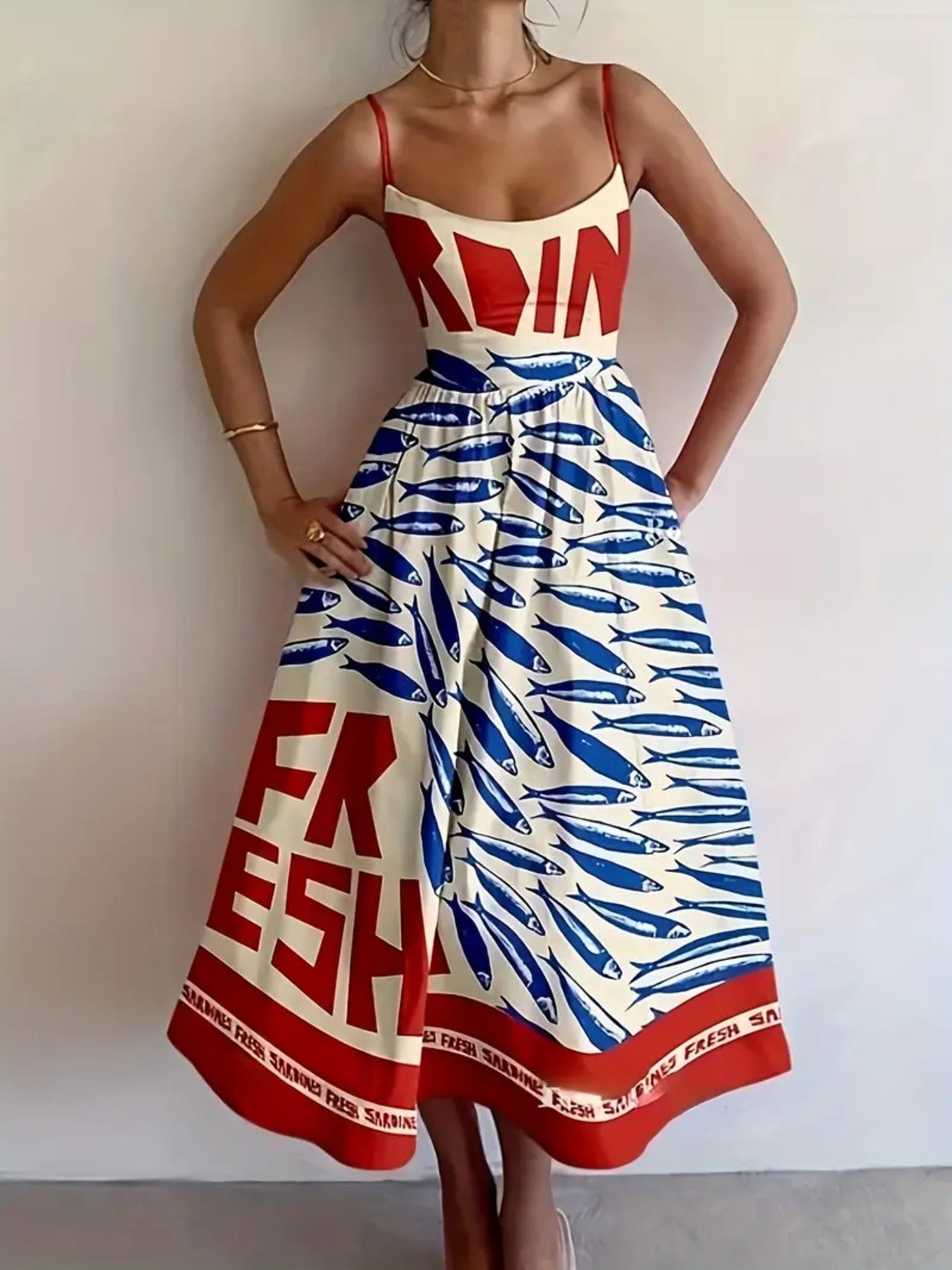 Sardine Print Spaghetti Strap Midi Dress