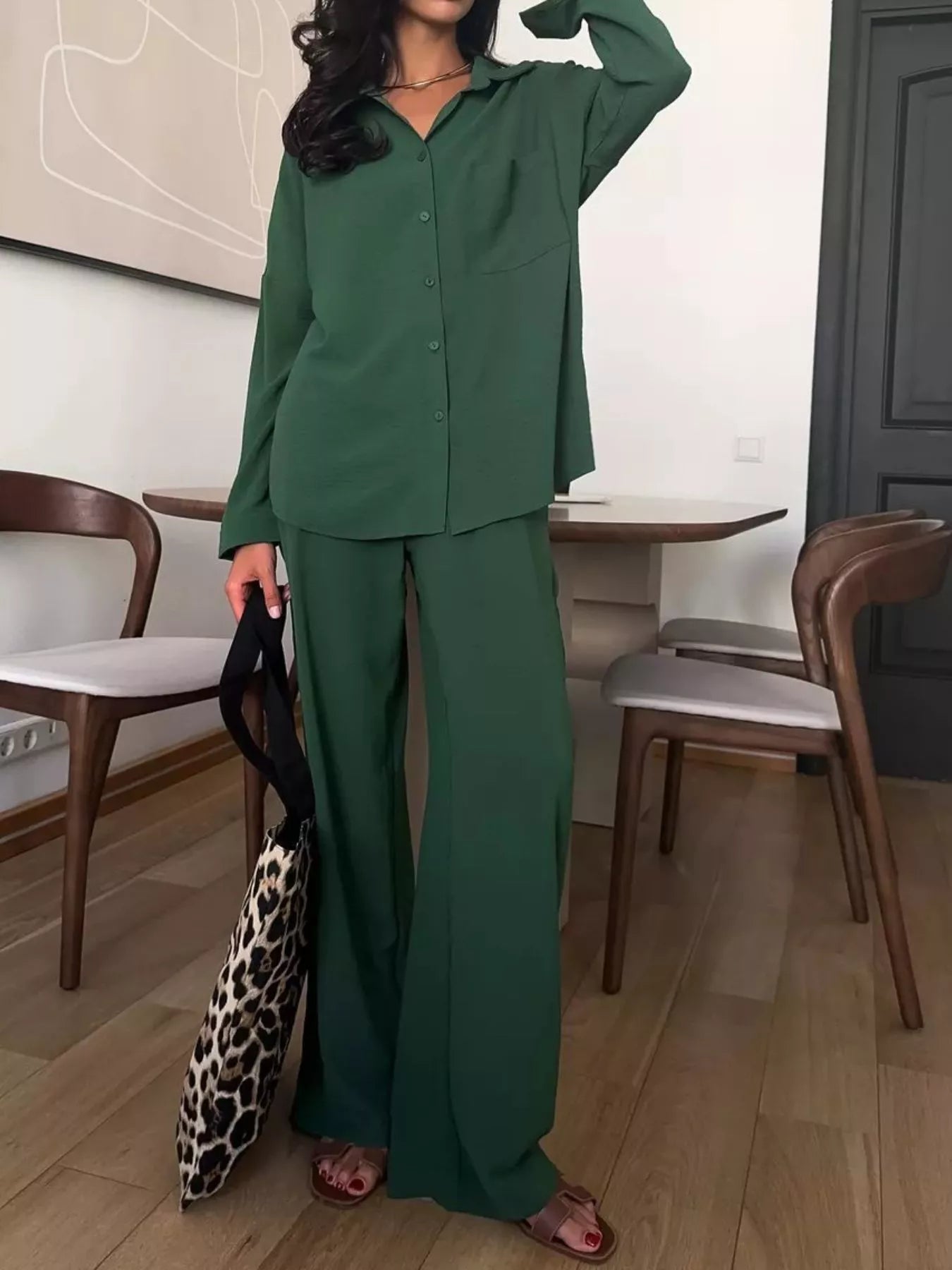 Relaxed Fit Shirt and Wide Leg Pants Set