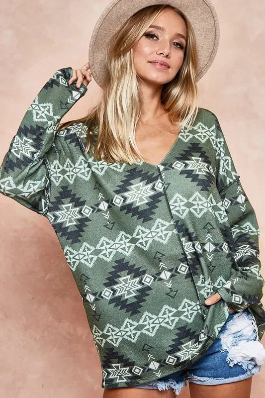 BiBi Aztec Print Brushed Out Stitching Detailed Top