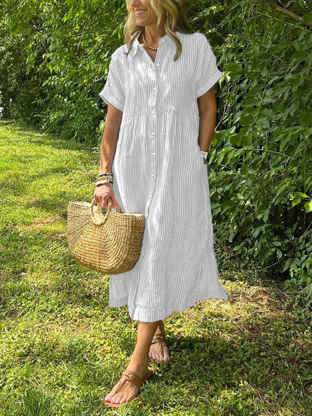 Full Size Striped Button-Front Midi Dress Plus Size