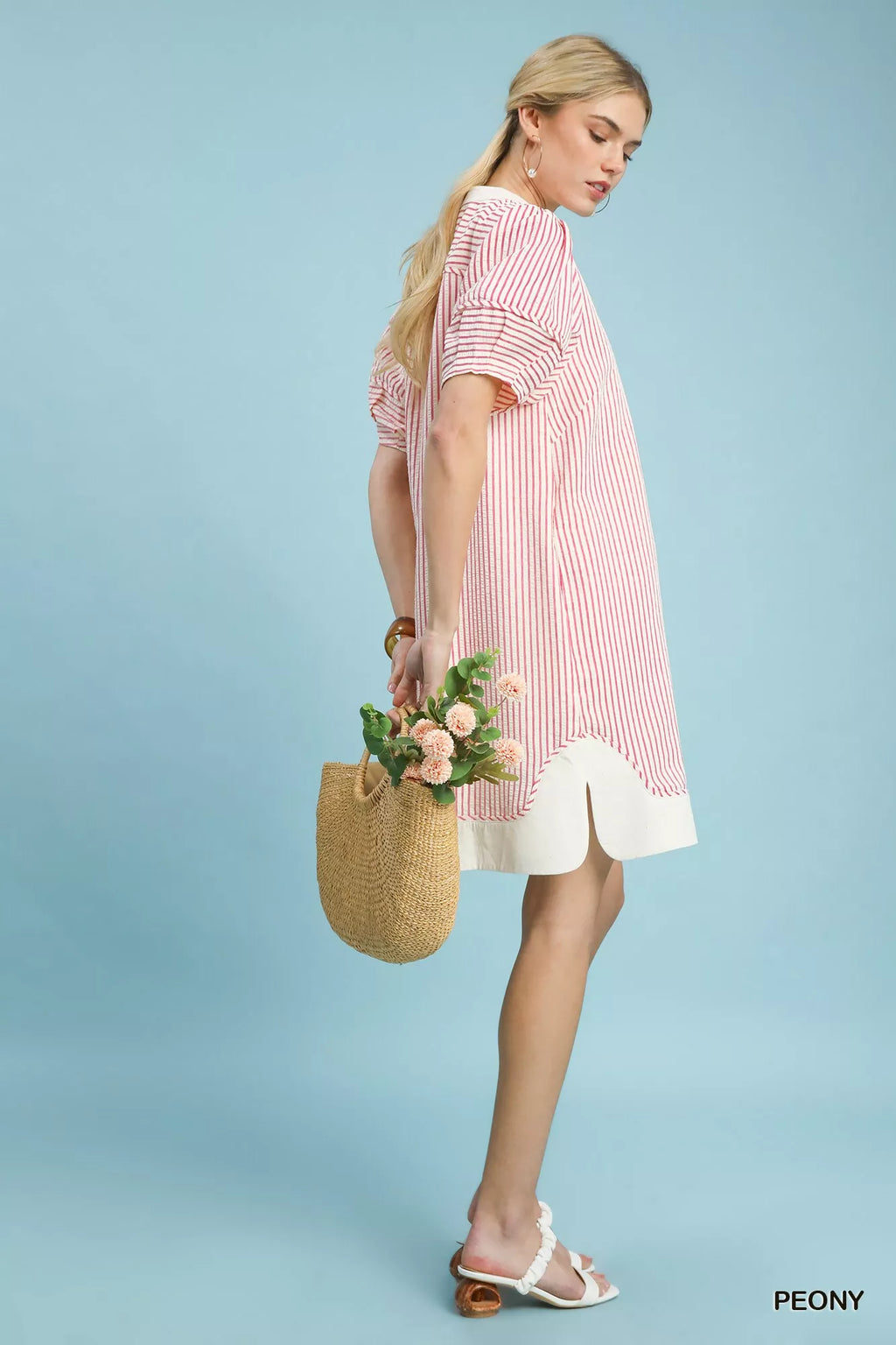 Umgee Pinstripe Shift Dress with Contrast Trim
