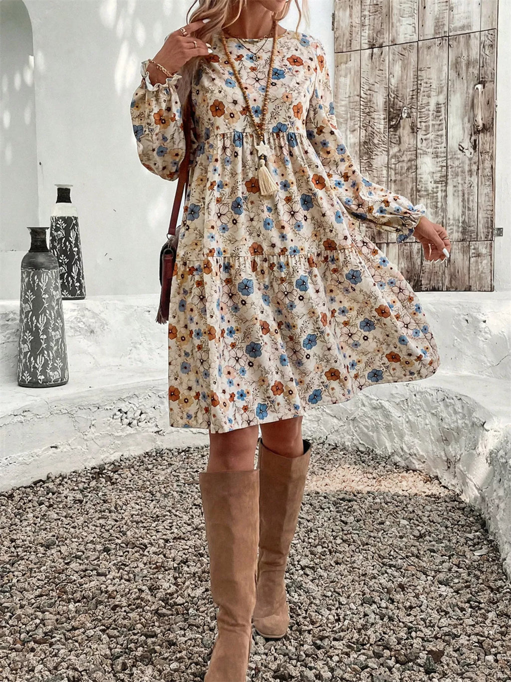 Floral Print Ruffle Hem Long Sleeve Casual Dress