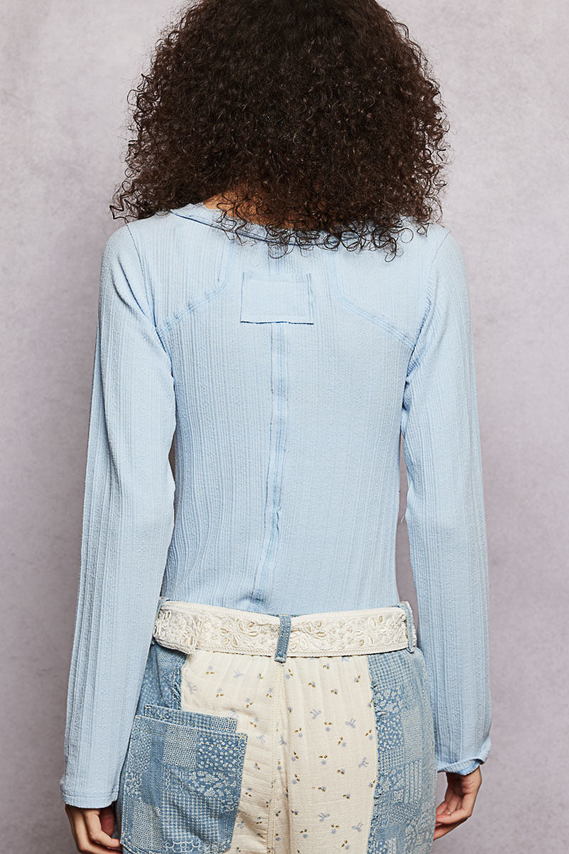 POL V-Neck Long Sleeve Ribbed Top with Lace-Accent Neckband