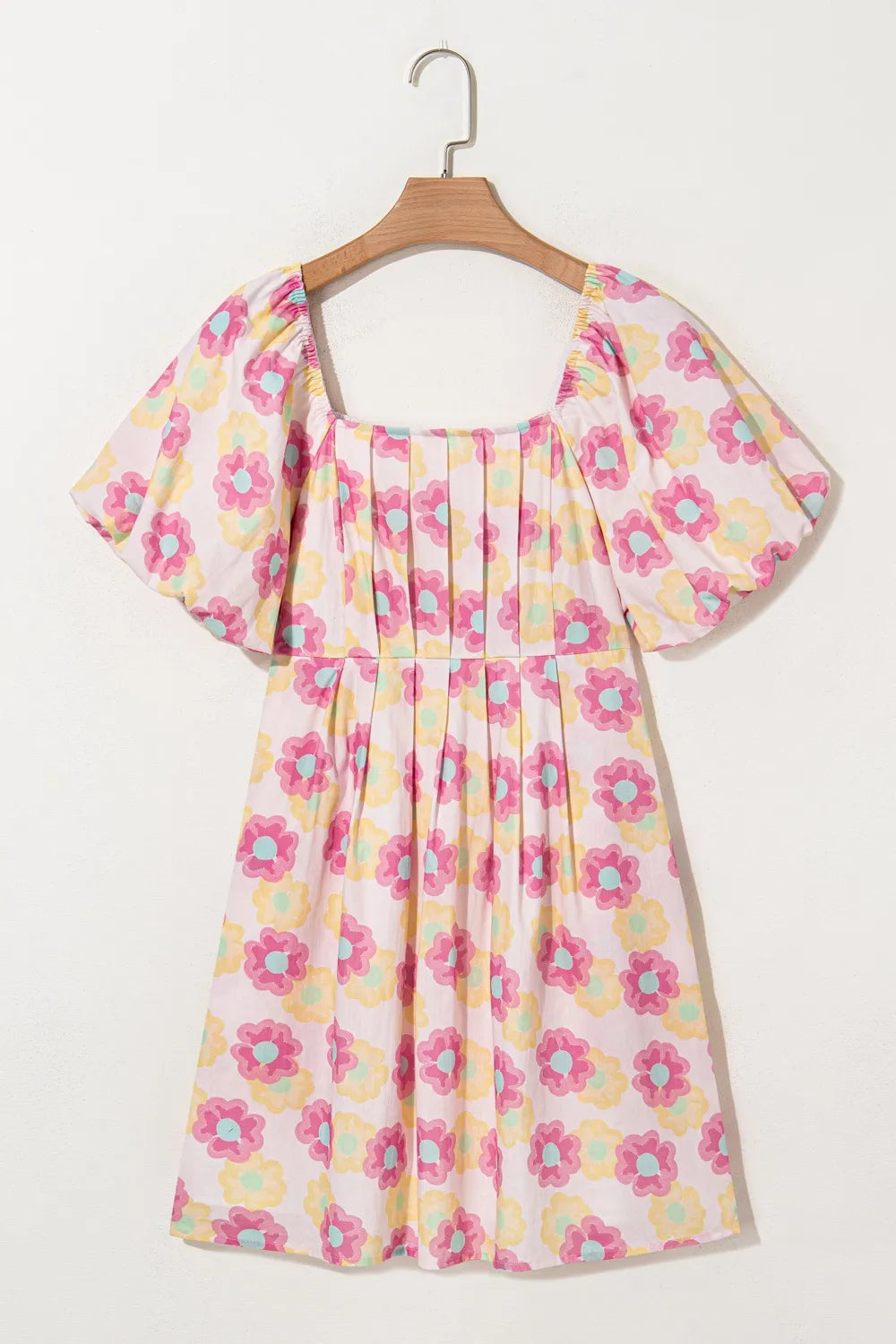 Floral Square Neck Puff Sleeve Pleated Flared Midi Dress