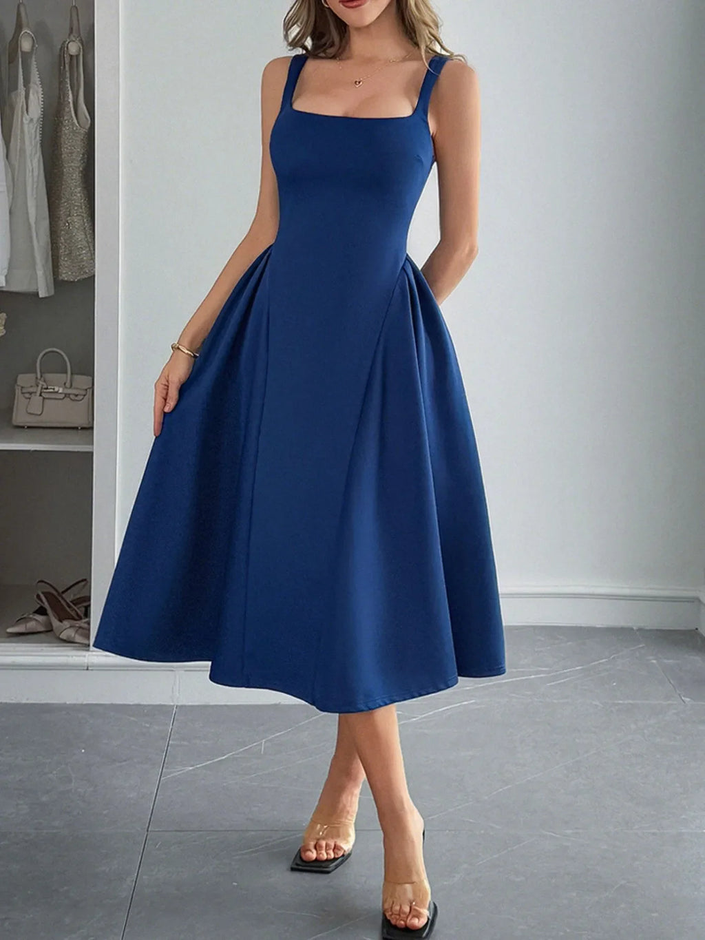 Square Neck Wide Strap Midi Dress