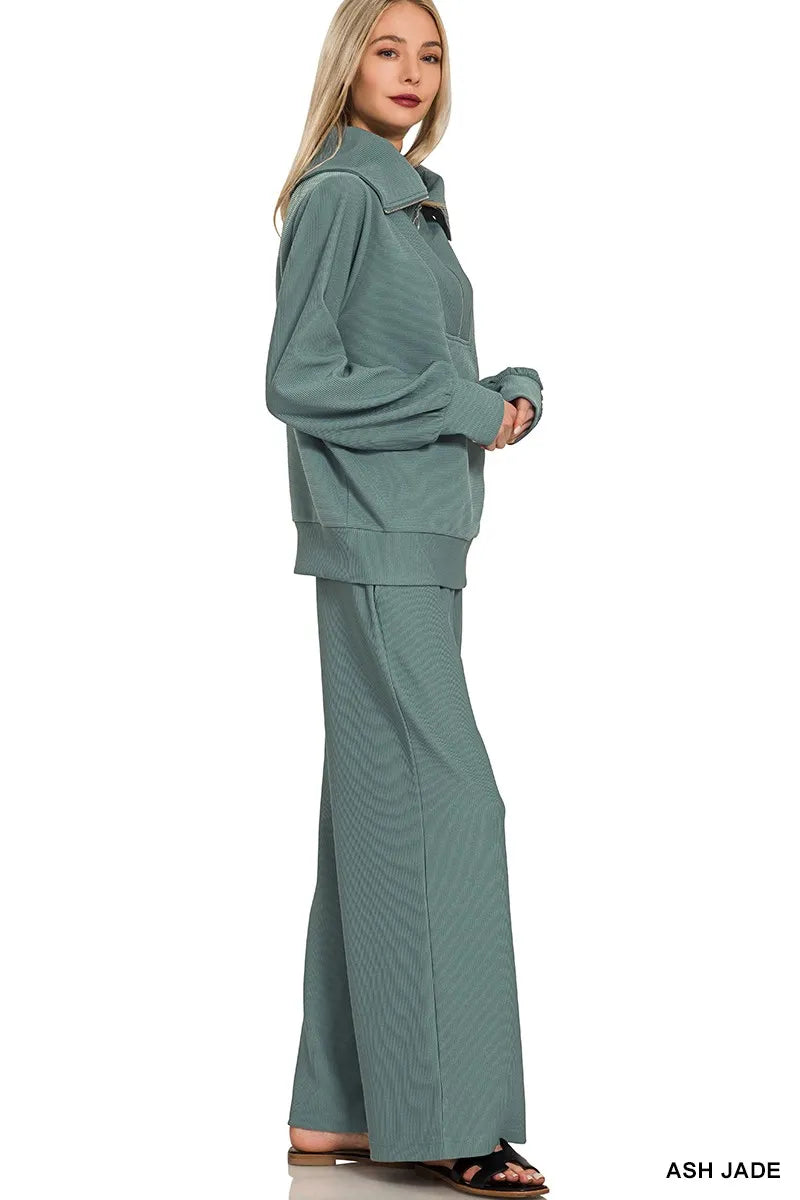 Zenana Ribbed High Neck Half Zip Pullover & Pants Set