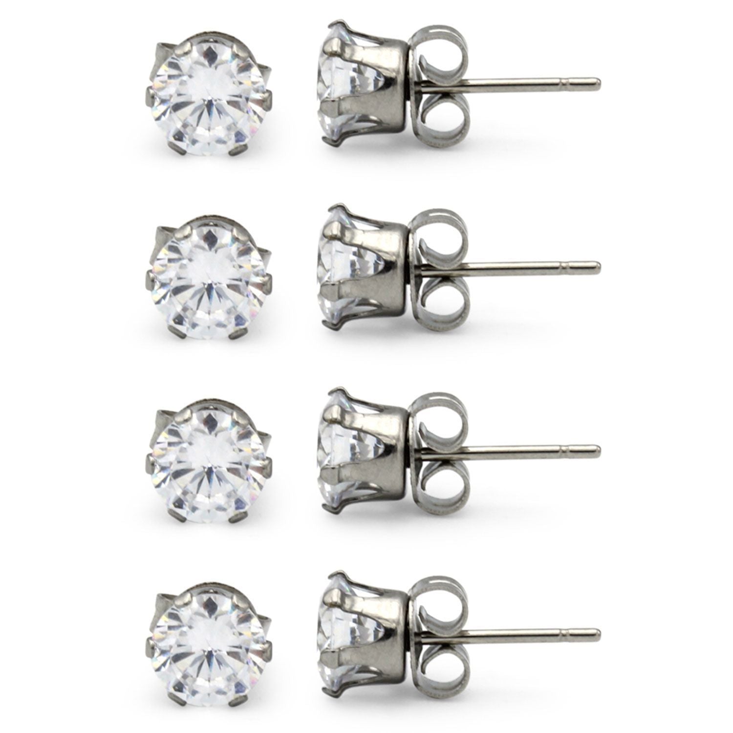 Cubic Zirconia Round Silver Stud Earrings Set Of 4 Stainless Steel Jewelry Men Women