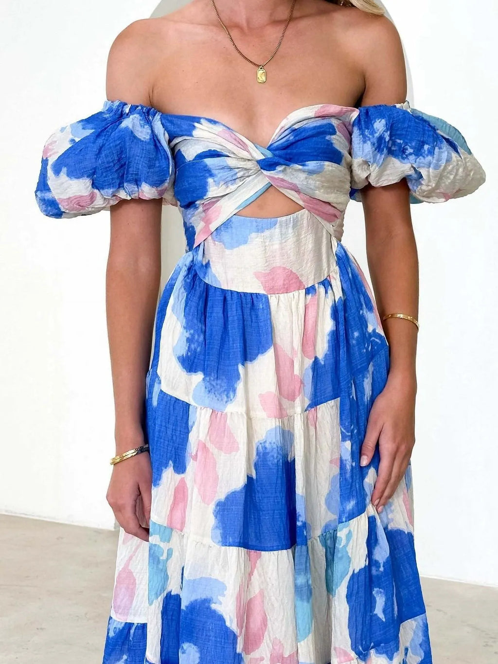 Off-Shoulder Floral Tiered Dress with Ruffle Details