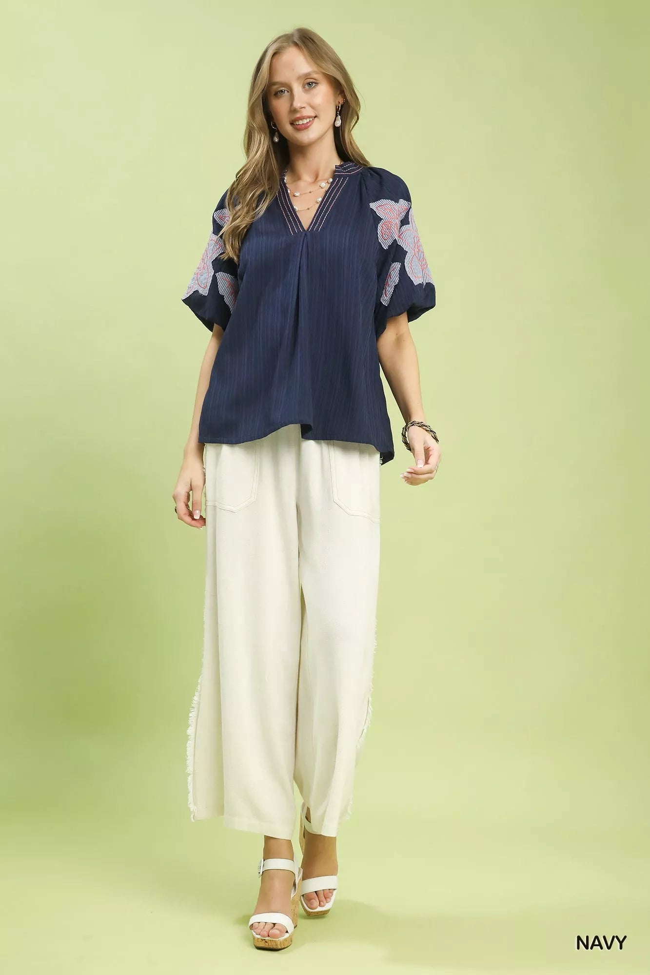 Umgee Embroidered Balloon Sleeve Notch Neck Blouse