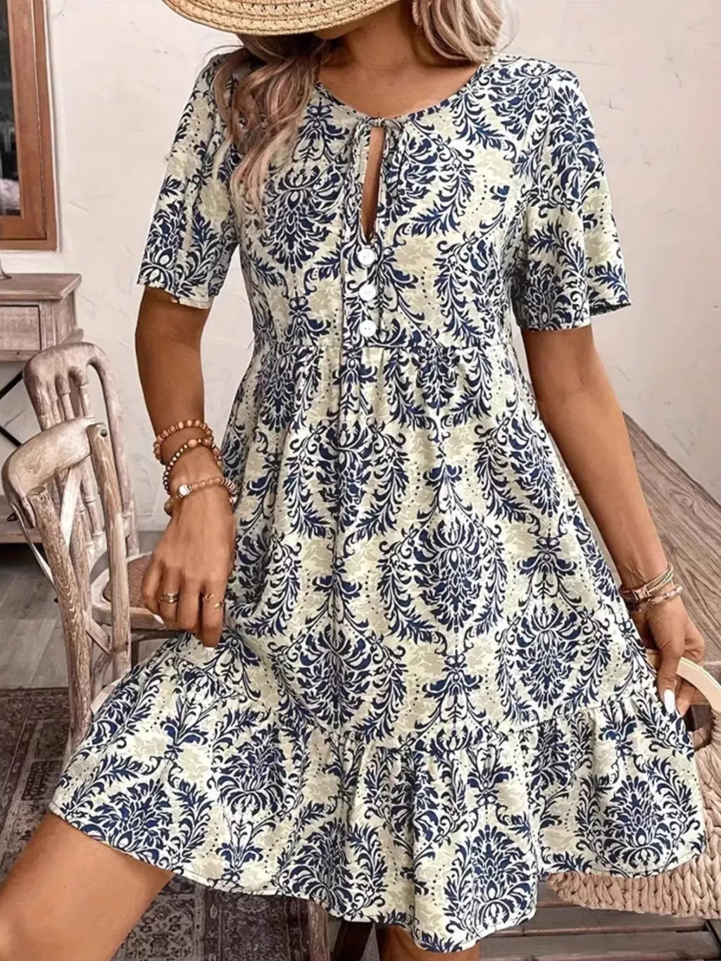Printed Tie Neck Short Sleeve Mini Dress