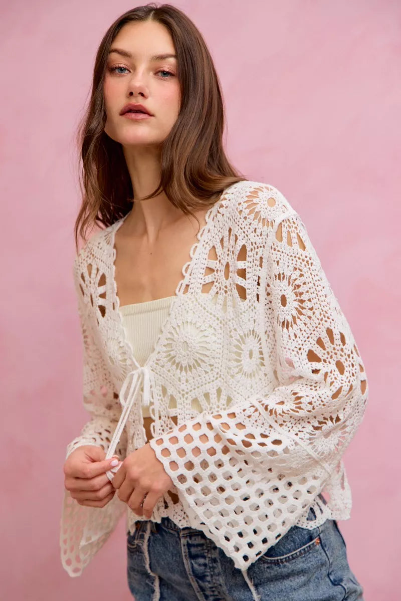 SO ME Floral Pattern Crochet Knit Tie Front Crop Cardigan