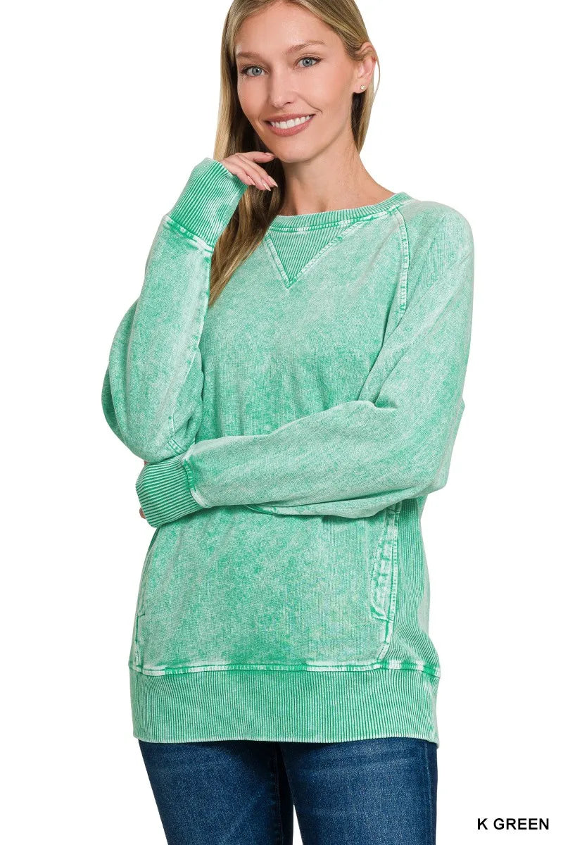 Zenana Halo Snow Washed French Terry Round Neck Sweatshirt