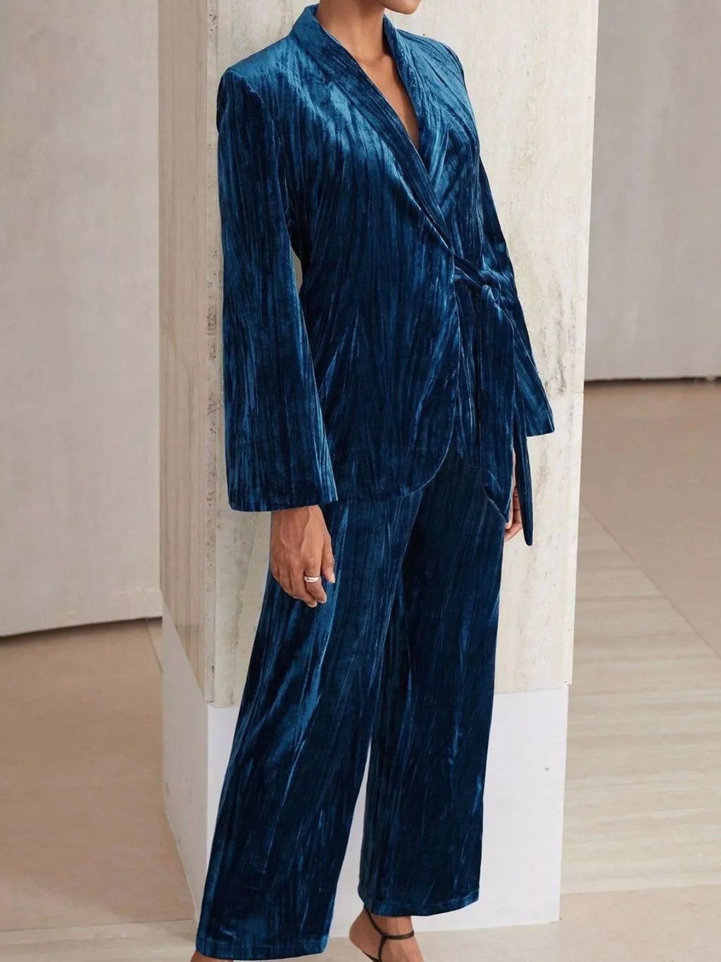 Velvet Tie Waist Blazer and Pants Set