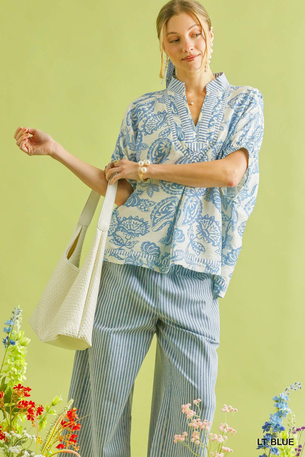 Umgee Botanical Print Mixed Trim Tunic Top