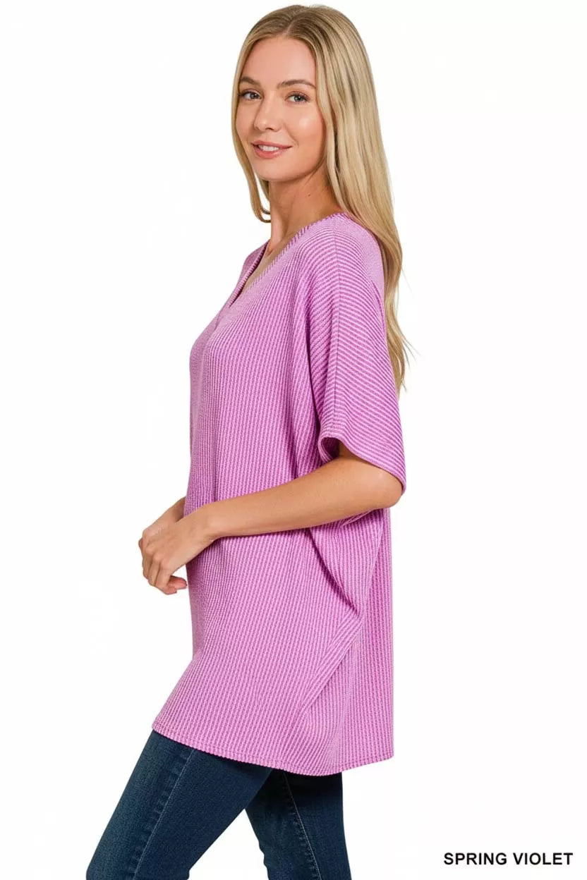 Zenana Raised Rib V-Neck Batwing Top