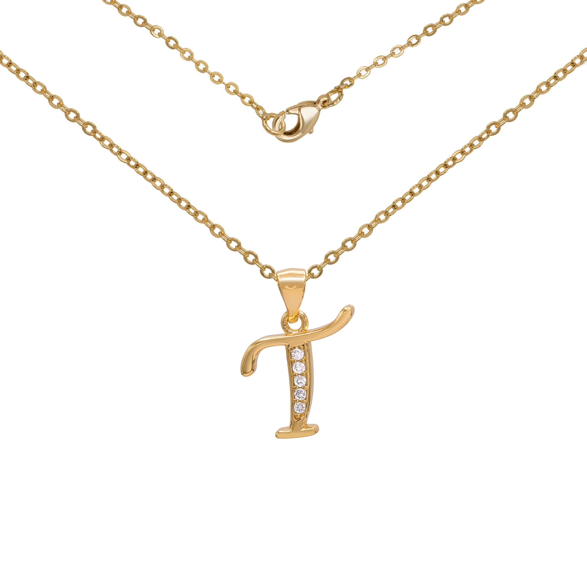 Initial Letter Pendant With Cubic Zirconia 18K Gold Filled Alphabet CZ Charm Rolo Chain Set 18" Necklace Women Girl Teen