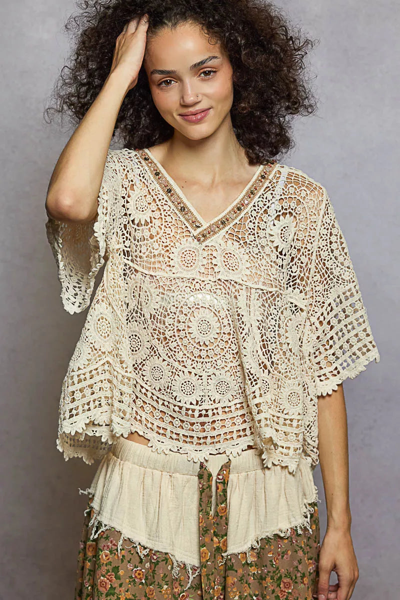 POL V-Neck Crochet Top with Scalloped Hem