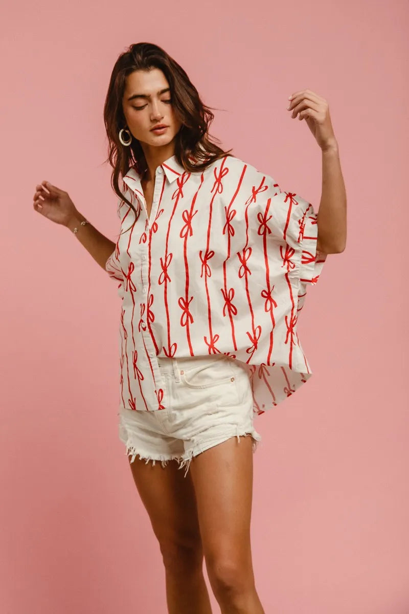 BiBi Bow Ribbon Woven Printed Button Down Shirt
