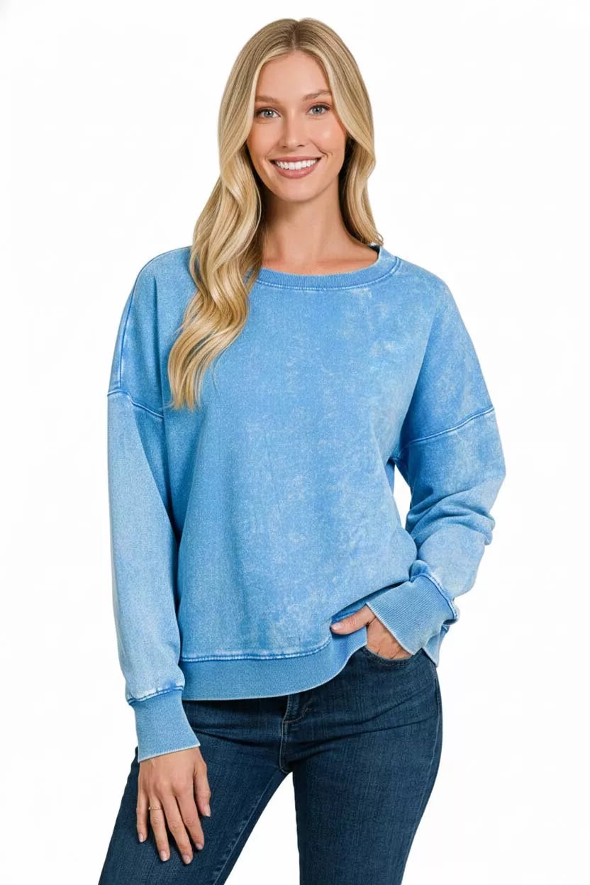 Zenana French Terry Acid Wash Boat Neck Sweatshirt