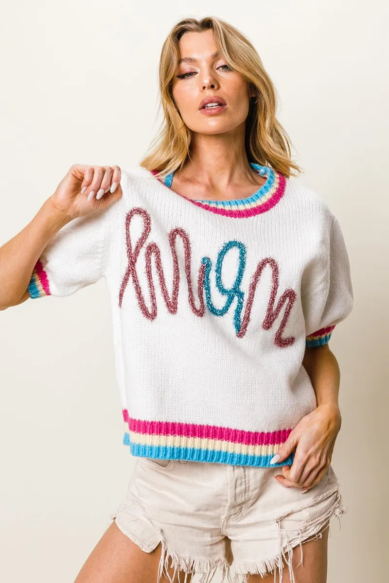 BiBi Metallic Letter Short Puff Sleeve Sweater
