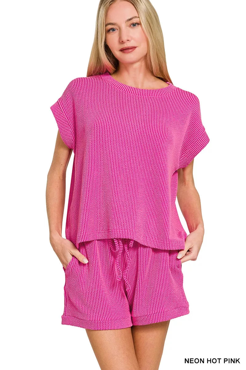 Zenana Raised Rib Cap Sleeve Top & Shorts Set