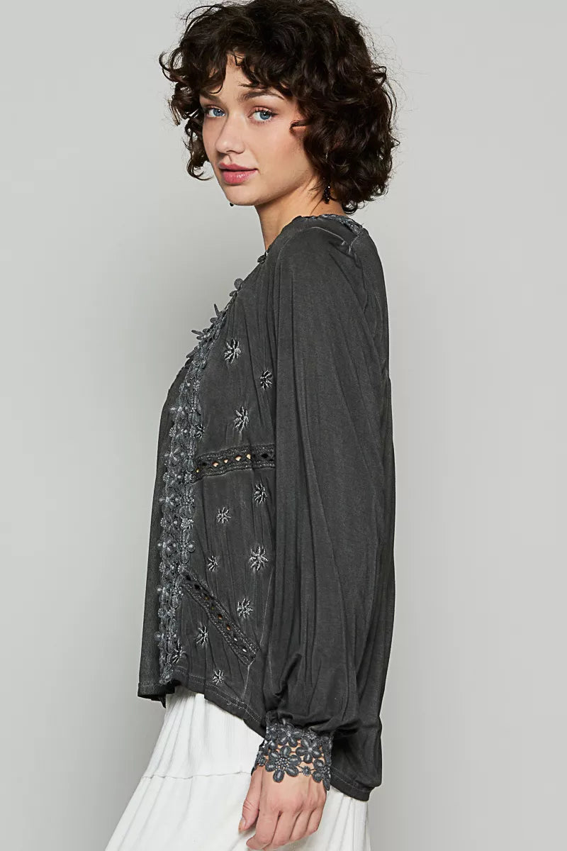 POL Floral Embroidery Woven Top with Lace Trim