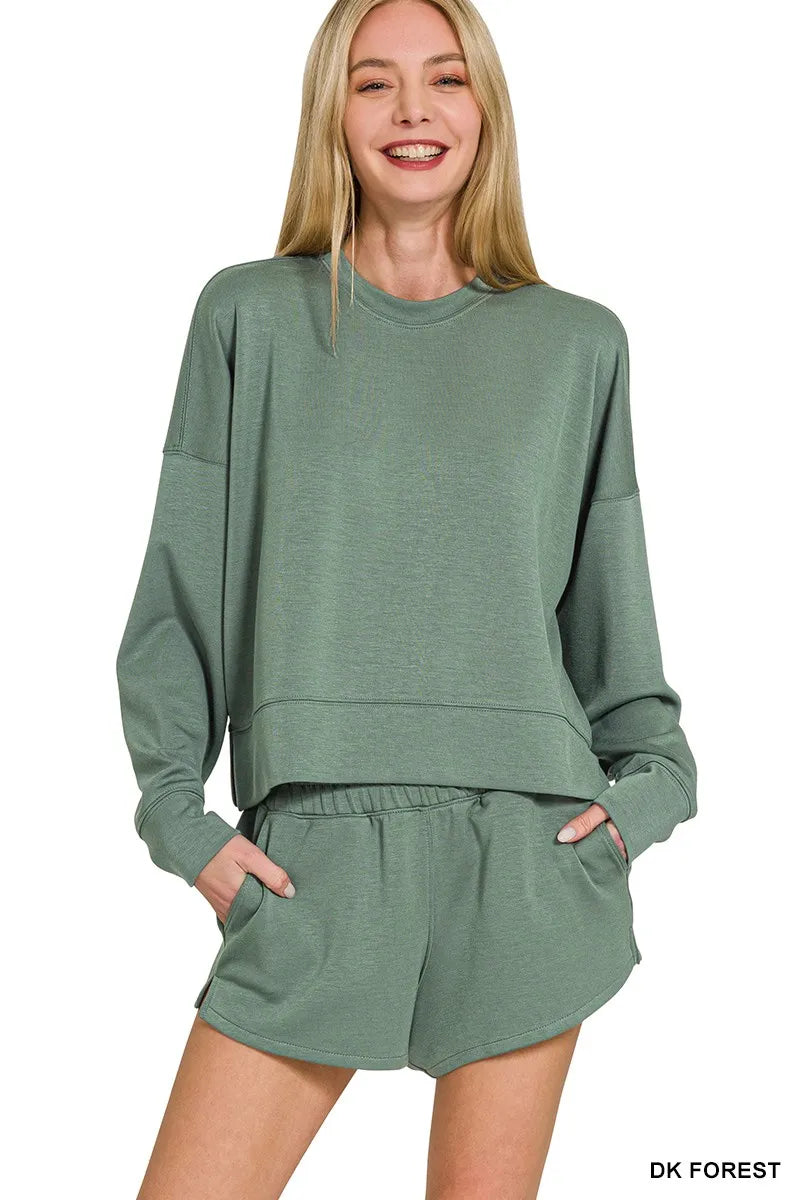 Zenana Scuba Long Sleeve Sweatshirts & Shorts Set
