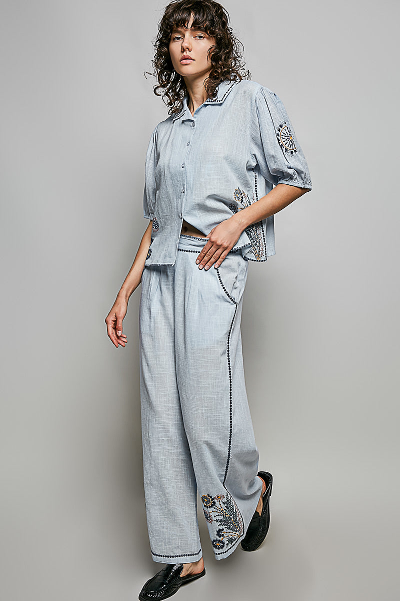 POL Button Down Embroidered Floral Short Sleeve Shirt