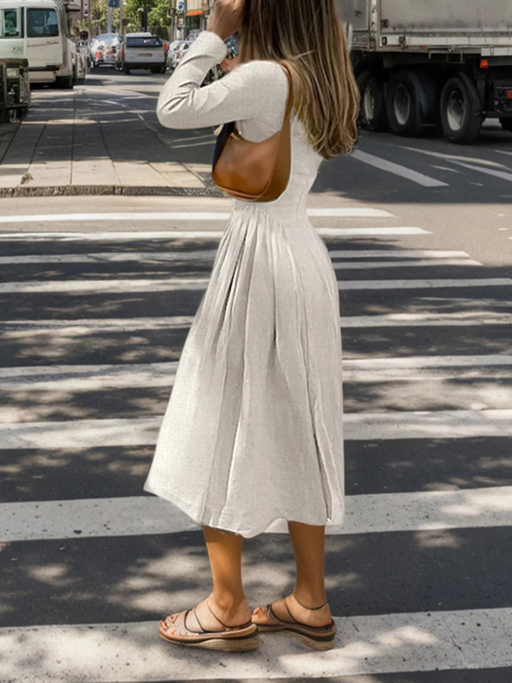 Cutout Front Long Sleeve A-Line Dress