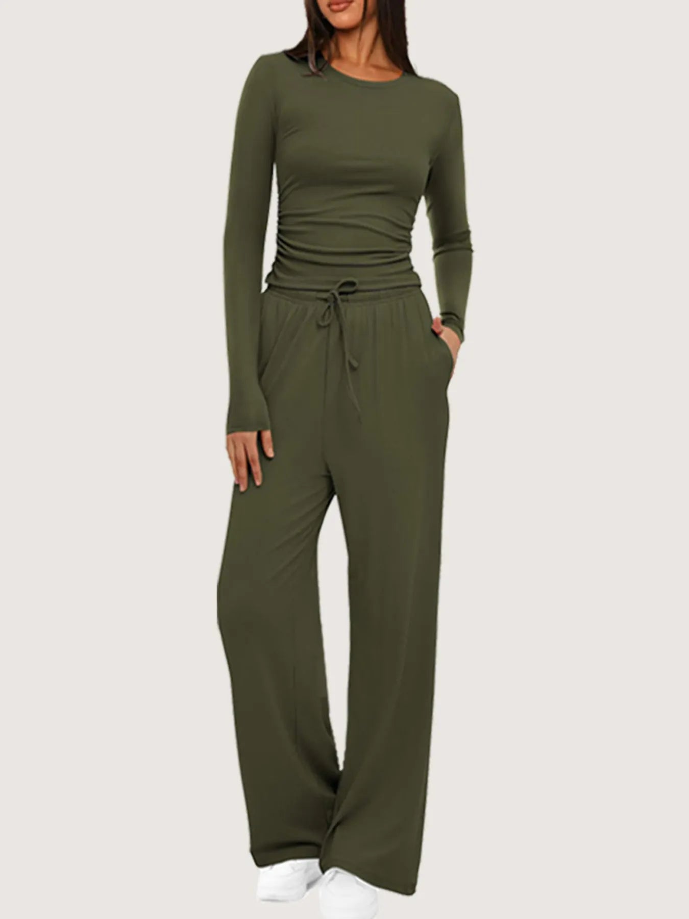 Round Neck Long Sleeve Top and Pants Set