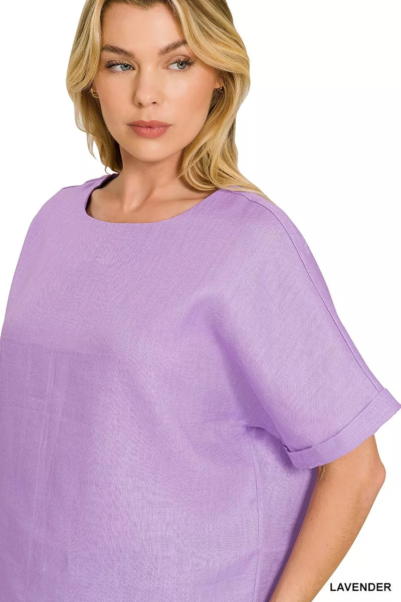 Zenana Linen Round Neck Cuffed Sleeve Top