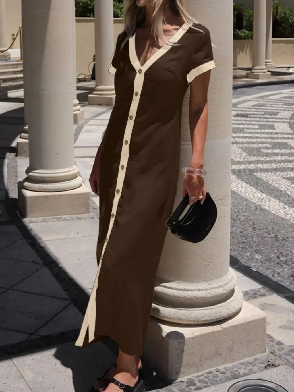 Button-Front Contrast Trim Midi Dress