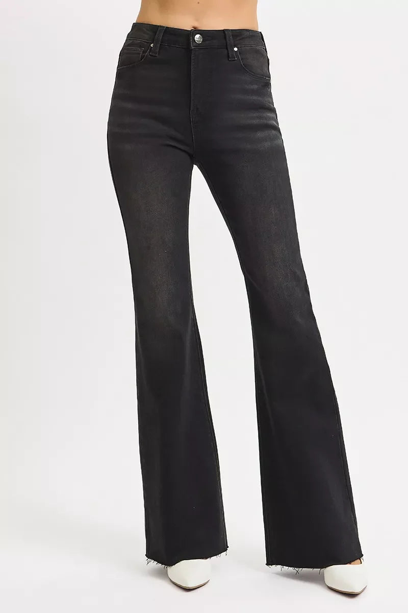 RISEN Full Size High Rise Flare Raw Cut Hem Jeans Plus Size