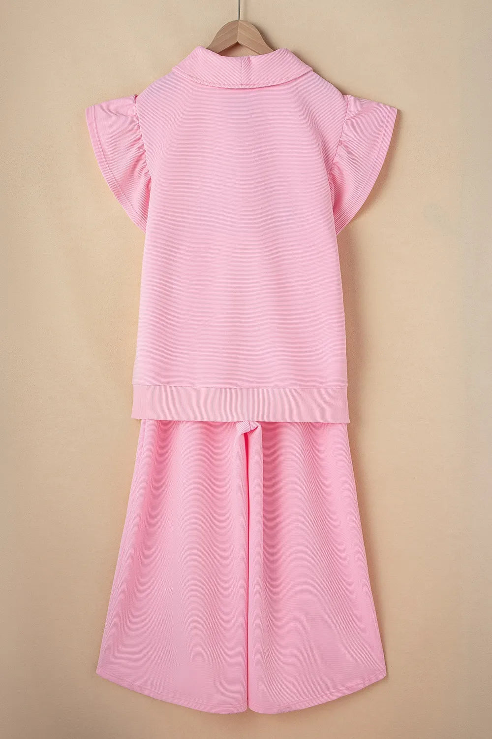 Textured Ruffled Sleeve Zipped Top and Wide Leg Pants Set
