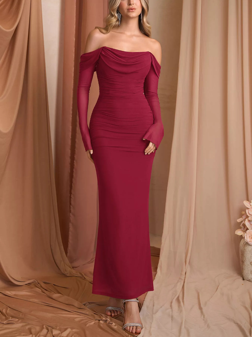 Off-Shoulder Ruched Mermaid Maxi Dress