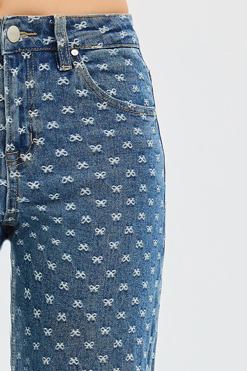 RISEN High Rise Wide Leg Bow Embroidered Jeans