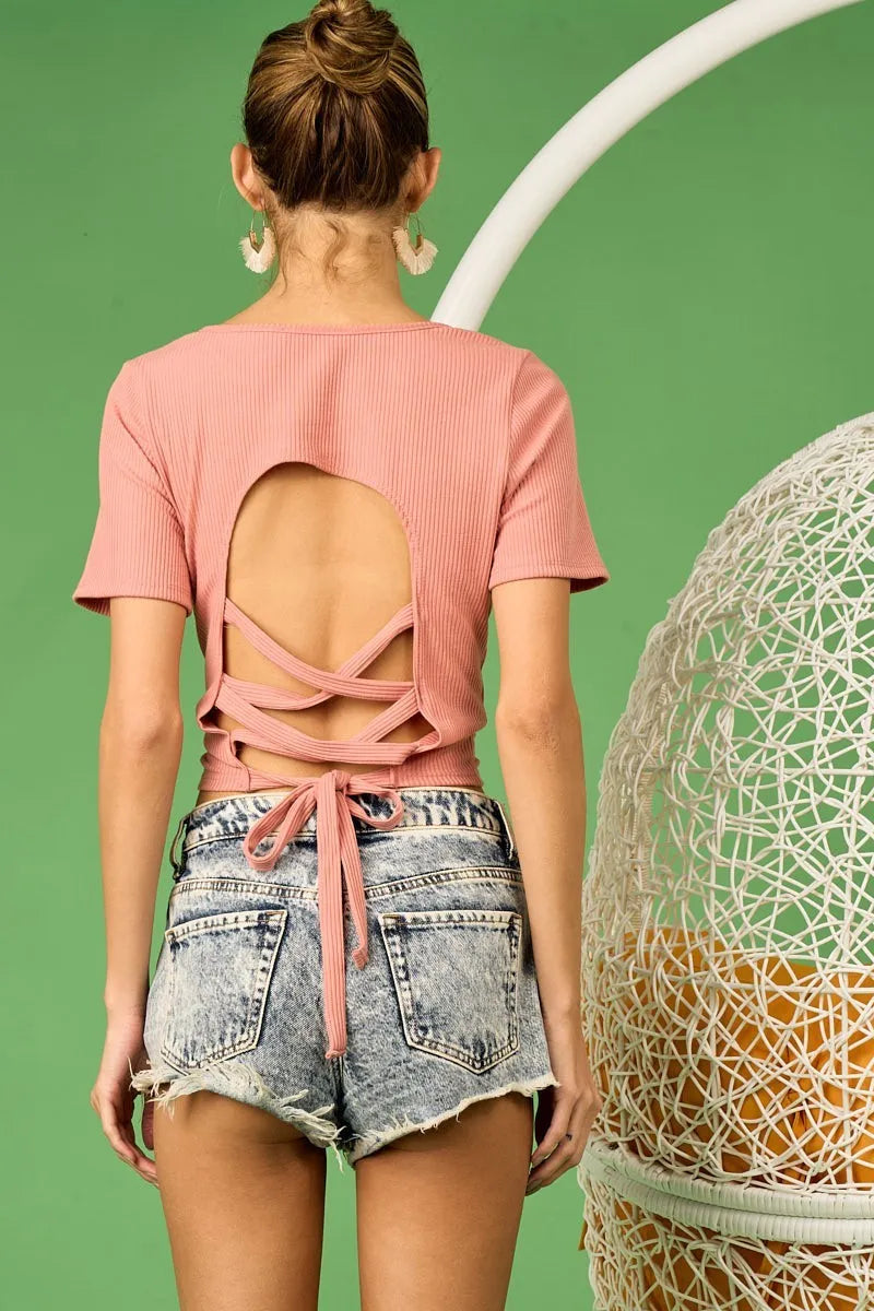 BiBi Rib Knit with Back Cross and Tied Detailed Top