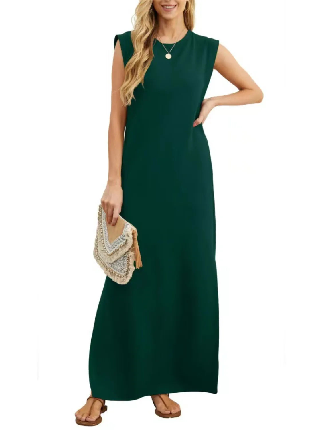 Full Size Slit Round Neck Sleeveless Maxi Tank Dress Plus Size