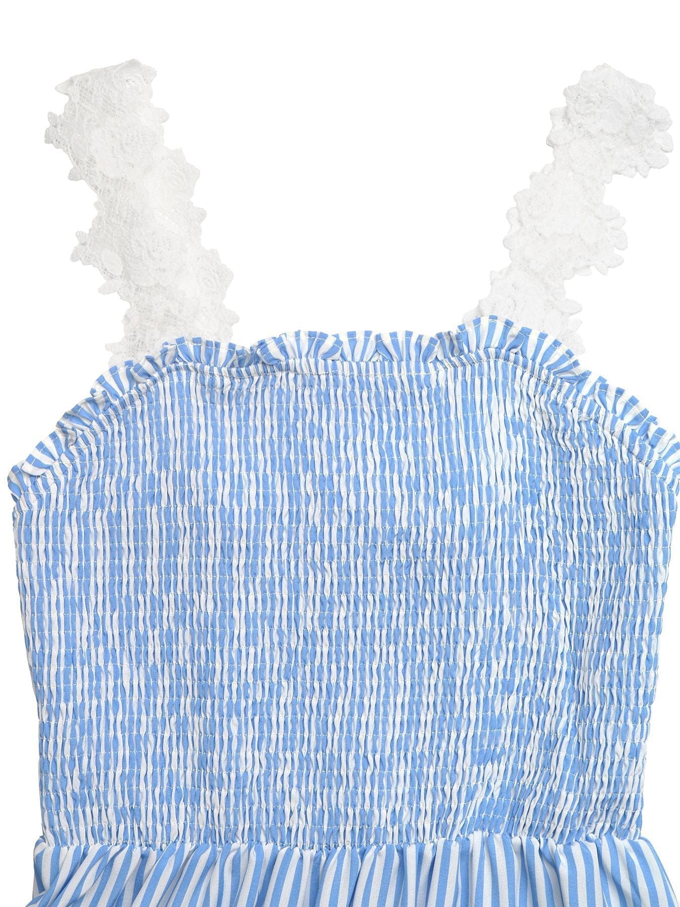 Striped Smocked Lace Trim Midi Dress