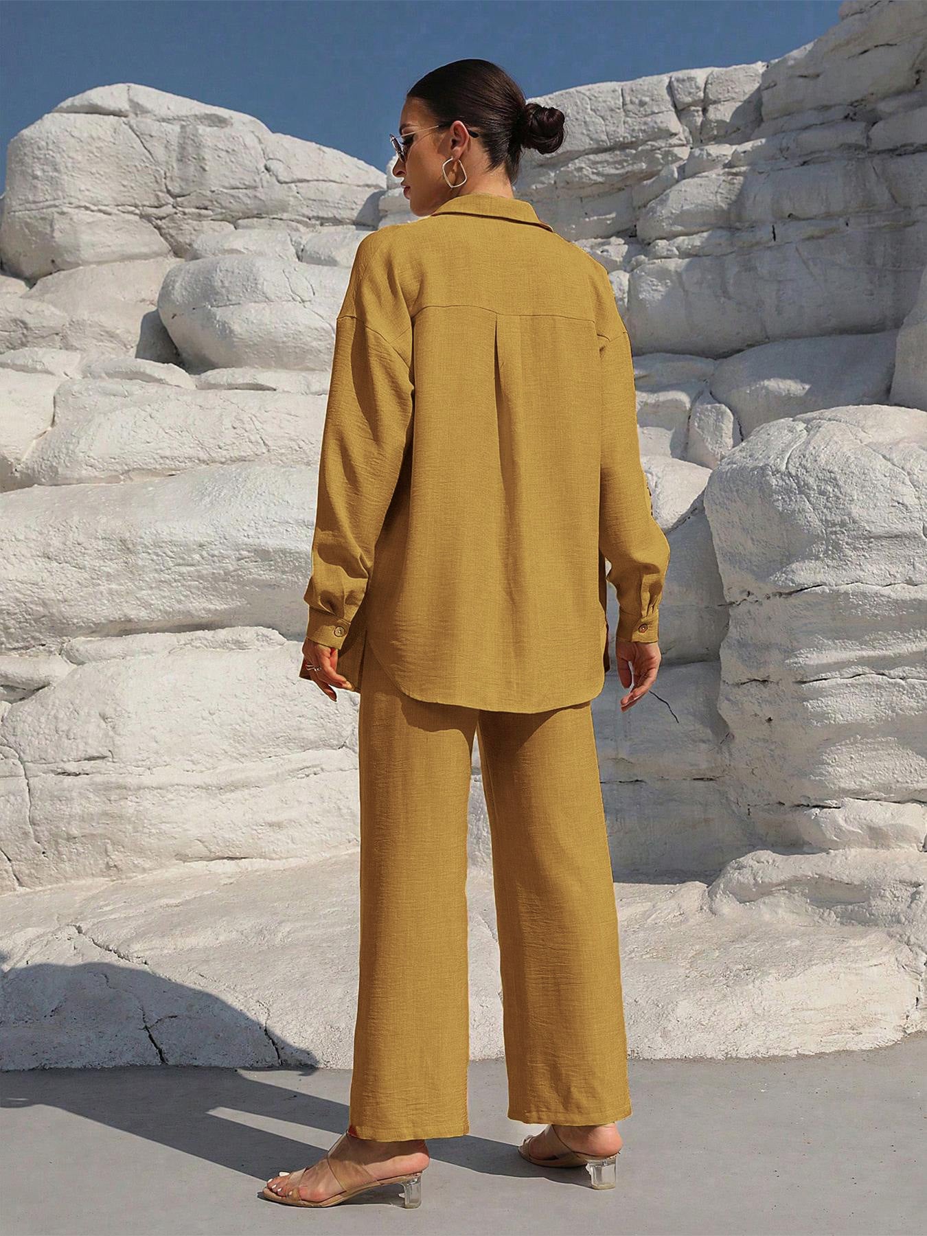 Button Up Long Sleeve Shirt and Pants Set