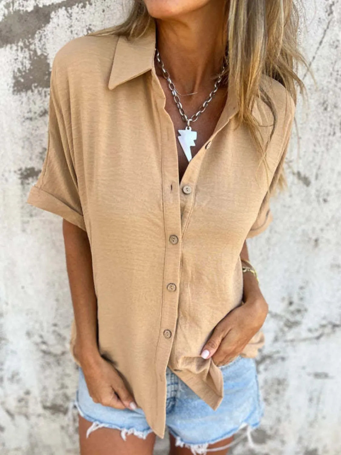 Full Size Collared Neck Half Sleeve Shirt Plus Size
