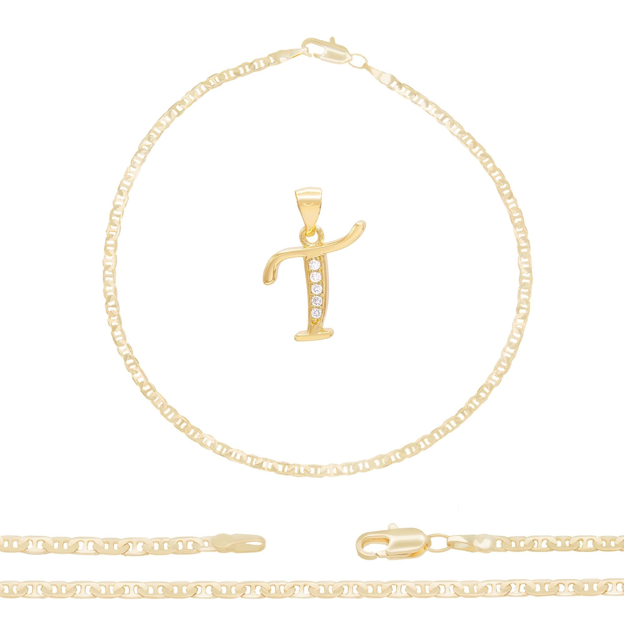 A-Z Initial Letter Pendant 14K Gold Filled Cubic Zirconia Mariner Chain Anklet 10" Set 3 mm  Women Jewelry
