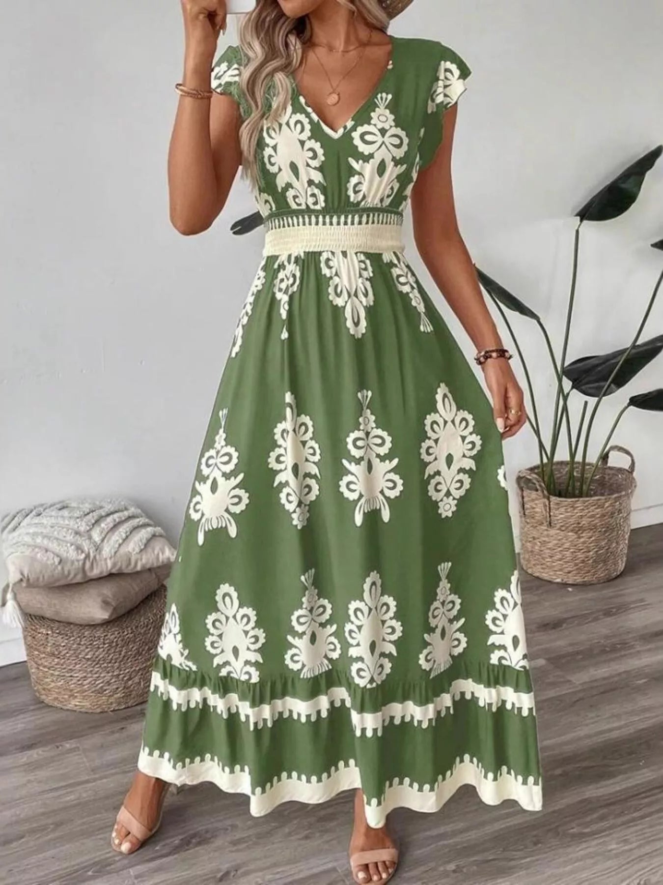 Printed V-Neck Ruffled Cap Sleeve Dress