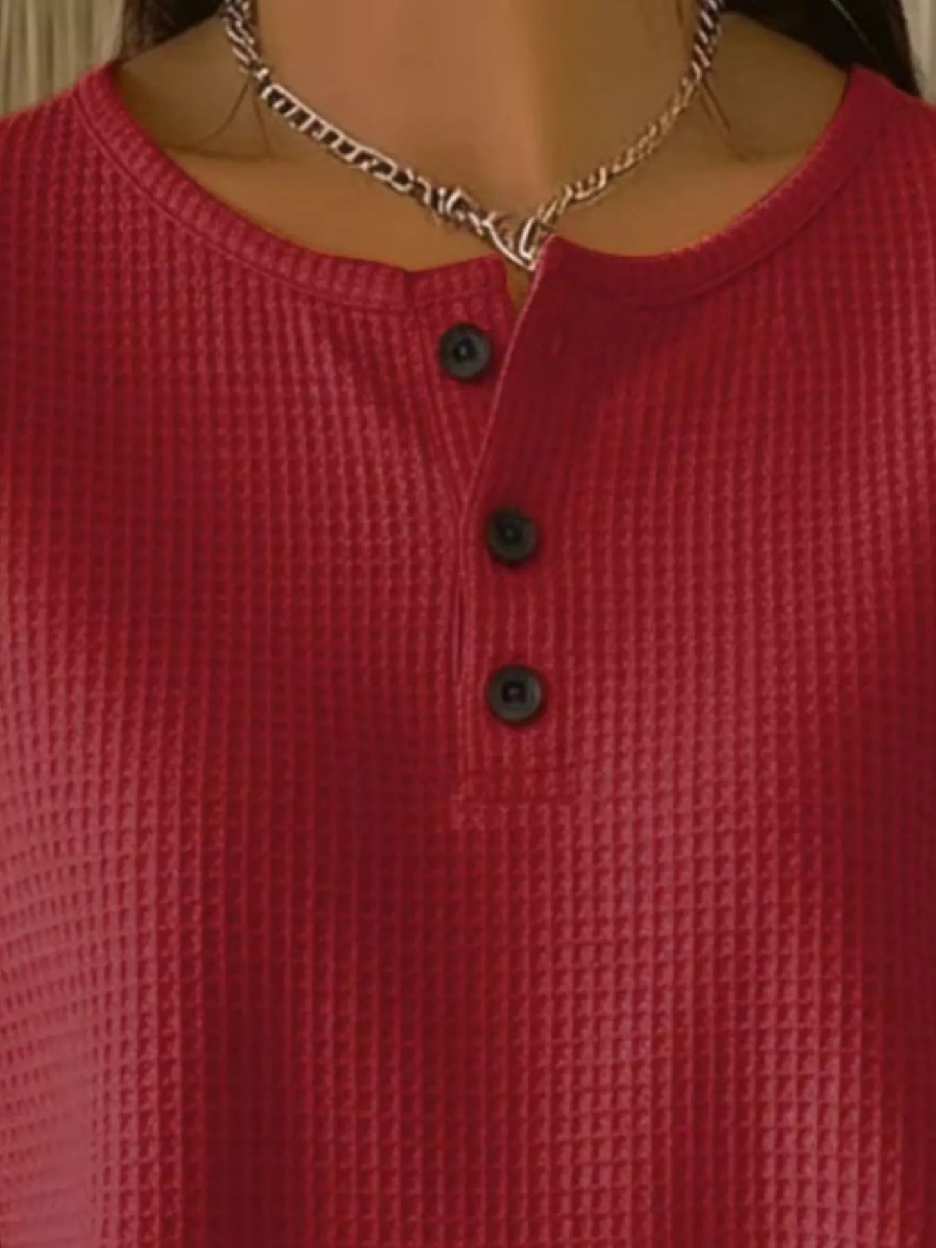 Full Size Waffle Knit Button Detail Top Plus Size