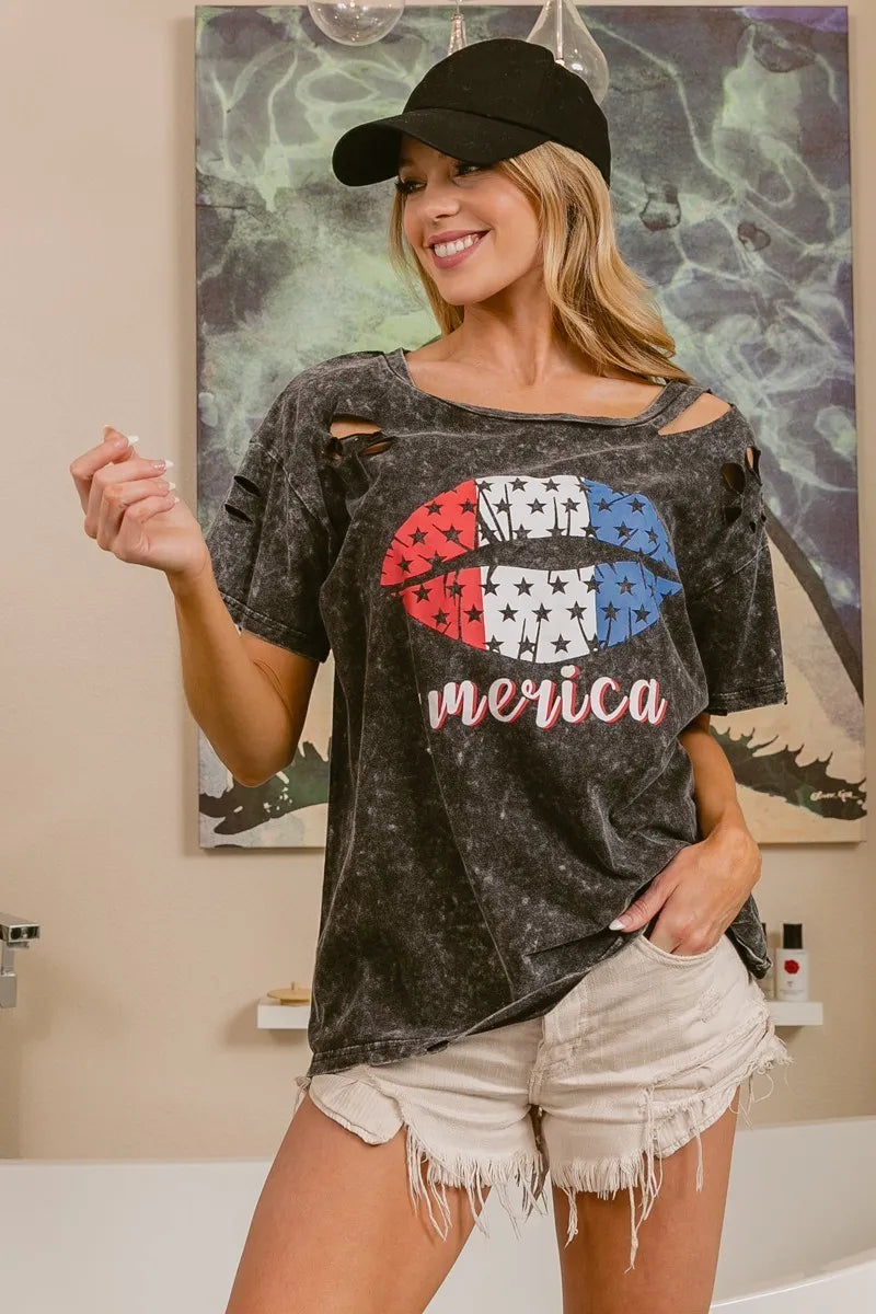 BiBi Laser Cut Mineral Washed Old Glory Lip Print Top