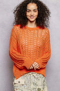 POL Openwork Round Neck High Low Knit Top